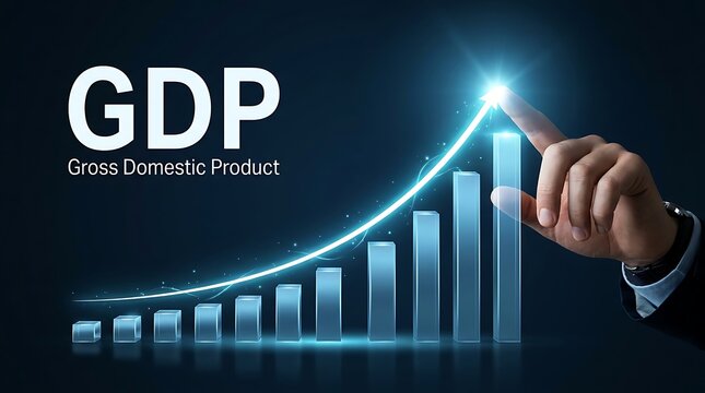 GDP Growth: A Businessman's Finger Touches Upward Arrow on Bar Chart Showing Positive Economic Progress