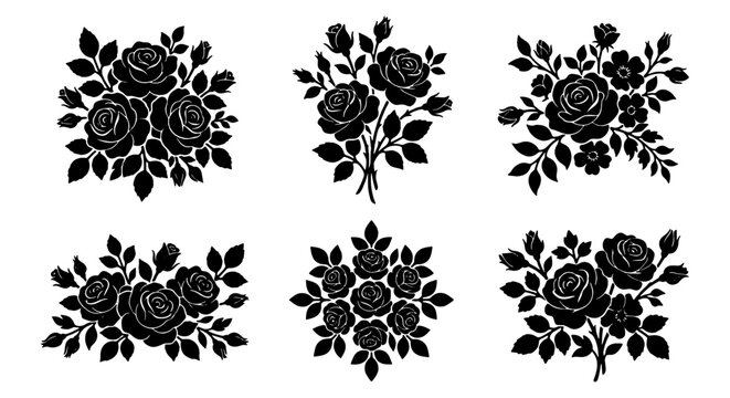 Black Rose Bouquets Vector Set, Elegant Floral Arrangements, Romantic Botanical Elements, Decorative Flower Sprays, Classic Silhouette Designs