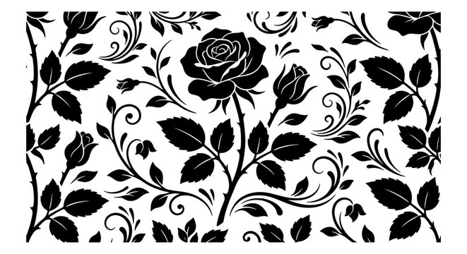 Elegant Black Rose Floral Vector Pattern, Romantic Botanical Illustration, Vintage Swirls and Leaves Design, Decorative Flourish Element