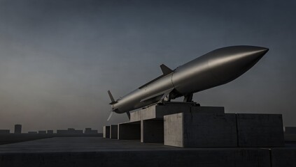 Naklejka premium Modern ballistic missile sits on a concrete platform overlooking a misty city at twilight.