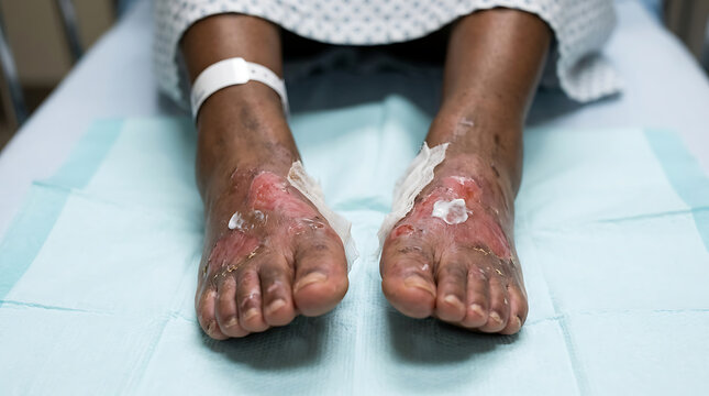 Close-up of Swollen Feet with Bandages on Medical Examination Table Vector Illustration