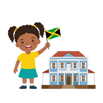 Young Girl Holding Jamaican Flag.