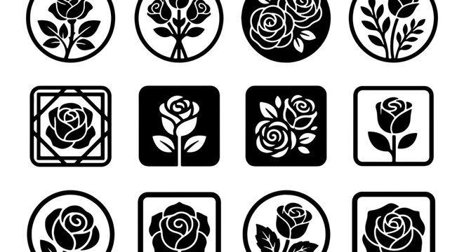 Elegant Rose Icons Set, Vector Graphics Collection, Floral Emblem Symbols, Black and White Botanical Illustrations for Design