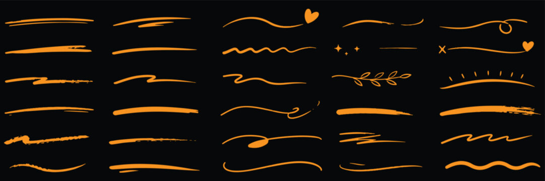 Colorful marker and brush stroke set, hand drawn underline and squiggle lines, artistic doodle elements for creative graphic design
