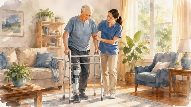 Elderly man with a leg brace using a walker at home. Senior patient practicing mobility with a nurse in a living room. Home rehabilitation and geriatric care illustration