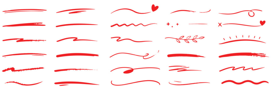 Colorful marker and brush stroke set, hand drawn underline and squiggle lines, artistic doodle elements for creative graphic design
