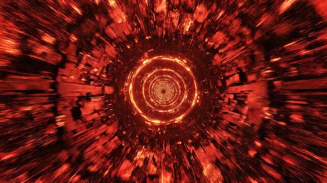 Abstract glowing red sci-fi tunnel with swirling circular rings and futuristic energy flow