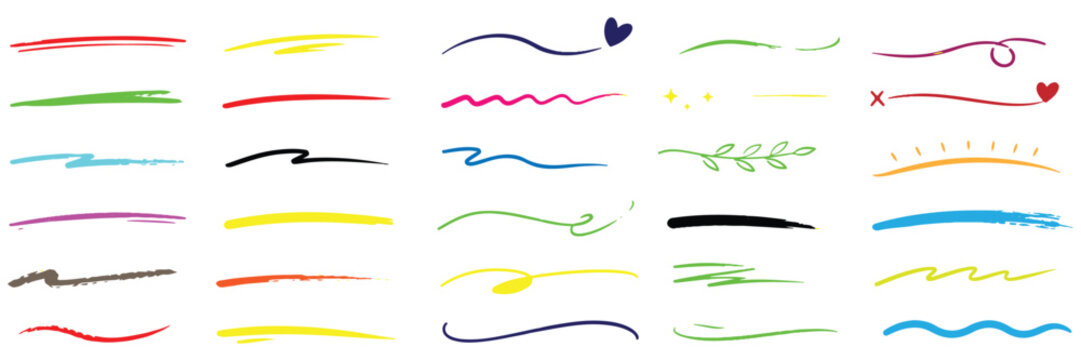 Colorful marker and brush stroke set, hand drawn underline and squiggle lines, artistic doodle elements for creative graphic design
