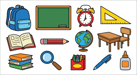 school supplies collection vector illustration backpack blackboard clock ruler desk © vectors home
