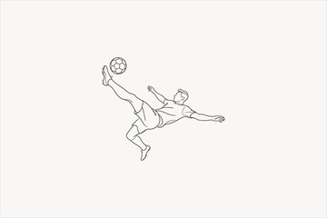 Fototapeta premium Continuous line art illustration of a soccer player doing a bicycle kick. Minimalist football player execution of an overhead kick isolated on solid white background. Vector illustration.