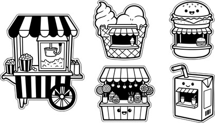 Collection of cute black and white vector food stands featuring popcorn burger ice cream and juice © RizqArt
