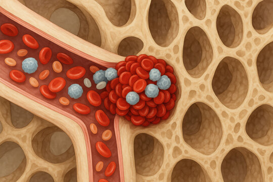 Alarming medical illustration of dangerous blood clot formation mechanism showing red and white cell aggregation blocking circulation inside porous human bone tissue structure