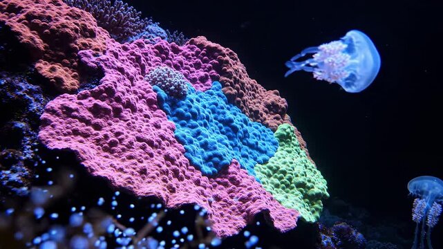 Mysterious glowing jellyfish swimming by colorful coral reef