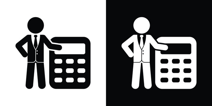 Businessman presenting a classic calculator vector icon. Financial accounting, tax calculation, business budgeting, and mathematics concept.