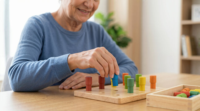 Close up of elderly hands playing with wooden peg puzzle. Senior person doing cognitive therapy exercises for memory care