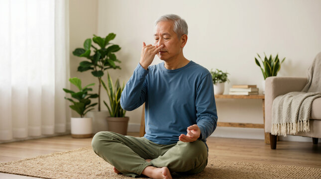 Elderly Asian man practicing alternate nostril breathing exercise on floor mat. Senior male doing yoga pranayama for respiratory health and lung disease prevention at home. Mindfulness concept