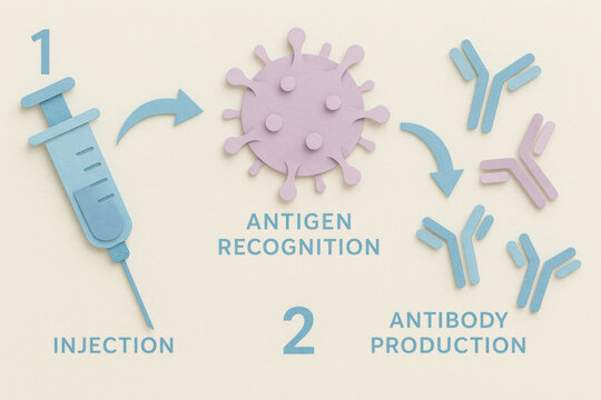 Calming educational paper craft illustration presenting vaccine immune response stage from injection to antigen recognition and antibody production offering health reassurance