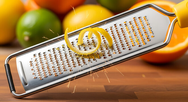 Grater with orange peel on surface.