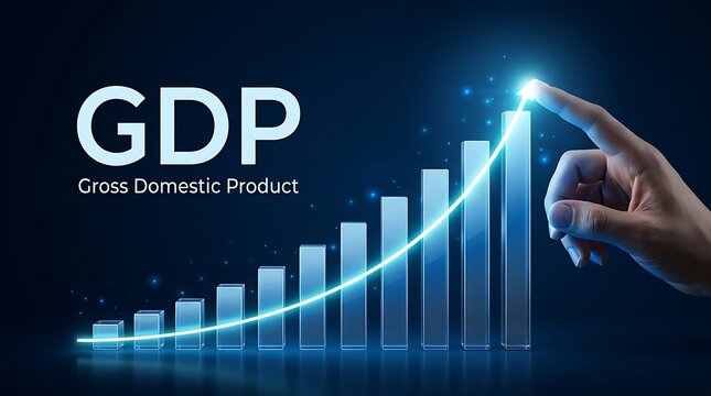 Hand pointing at upward trending bar graph representing Gross Domestic Product (GDP) growth and economic progress.
