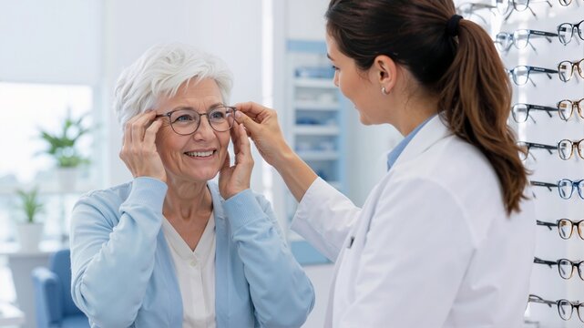 Optometrist helping senior woman try on new glasses in optical shop. Happy elderly patient fitting eyewear at eye clinic. Vision care and customer service