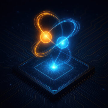 Quantum computing chip with glowing atomic model depicting superposition and entanglement concept on dark digital circuit background