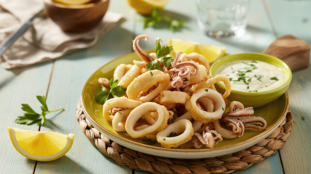 Crispy fried calamari appetizer with creamy herb sauce and fresh lemon on wooden table.