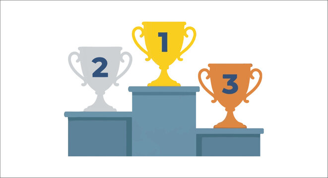 trophy podium with numbered cups flat illustration cup first second