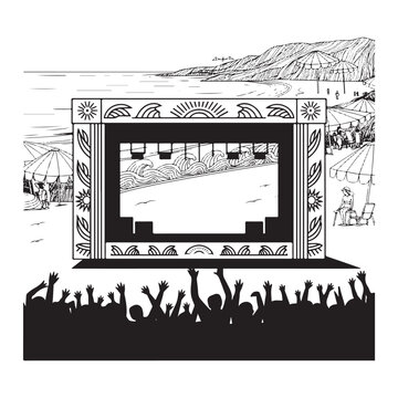 South Korea &ndash; Boryeong Mud Festival | Beach Stage Crowd Silhouette Summer Festival Black and White Vector Illustration | Decorative Engraved Line Art Composition
