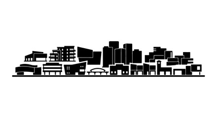 Naklejka premium Modern Cityscape Silhouette, Urban Skyline Vector Art, Contemporary Architecture Buildings, Minimalist Downtown Scene, Black and White Cityscape