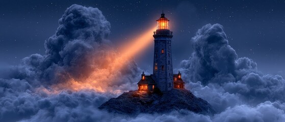 Fototapeta premium Floating Celestial Lighthouse Above a Sea of Stars
