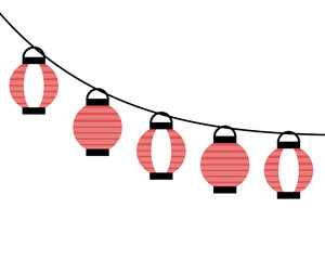 夏祭りやイベントを彩る斜めに連なった赤と白の吊り下げ提灯　イラスト © タケピー
