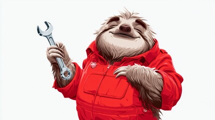 Fototapeta premium Sleepy Sloth Mechanic in Red Jumpsuit Holding Lug Wrench