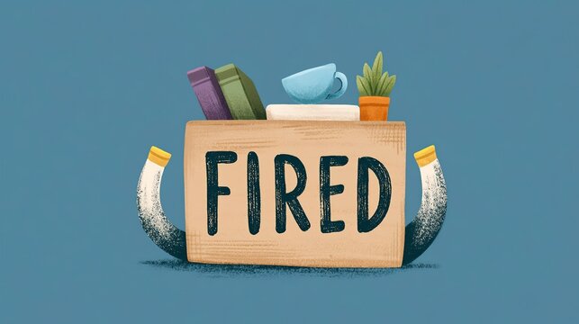 Vibrant bold graphic illustration with detached grayscale yellow-cuffed hands holding brown moving crate marked fired text, filled with books, mug, potted plant and cube against vivid blue backdrop