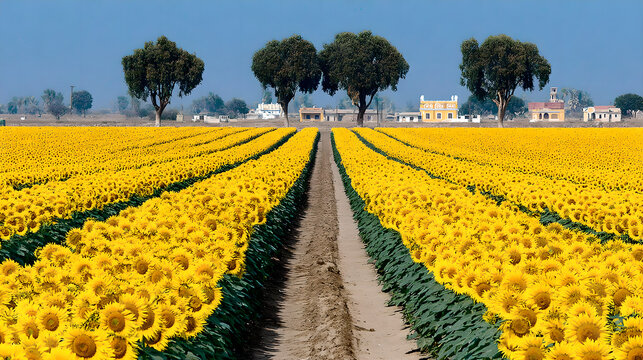 Sunflowers swaying in a field during golden hour, nature scene. gardening catalogs, home-decor guides, designed for home decor and floral branding and gardening and botanical catalogs.adulteration.