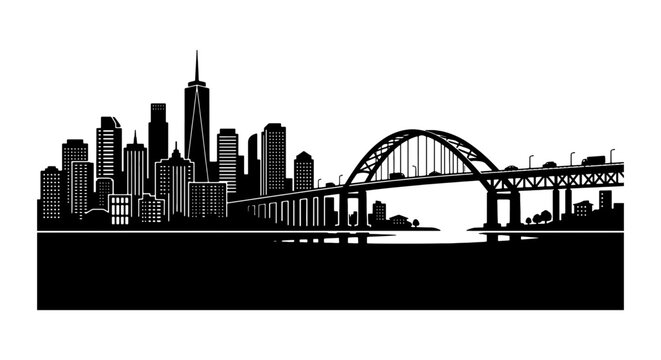 Modern Cityscape Silhouette, Urban Skyline with Arch Bridge, Downtown Architecture, Black and White Vector Art for City Life and Travel Concepts