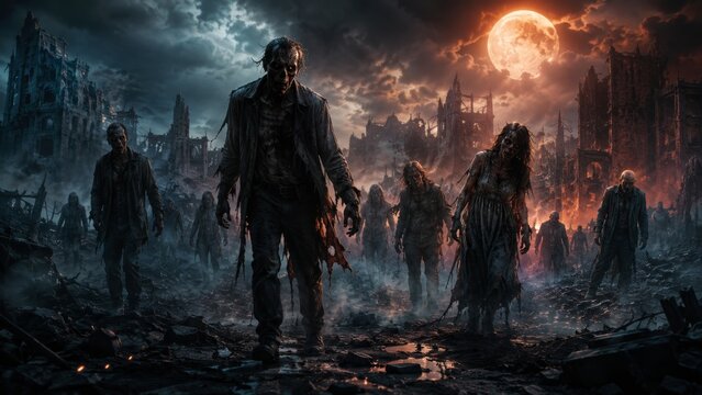 Apocalypse fantasy scene hroup of zombie walking. Halloween concept