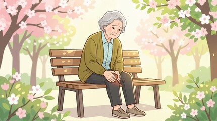 Fototapeta premium Elderly woman sitting on a park bench holding her painful knee. Senior female suffering from joint pain or arthritis. Healthcare and aging concept illustration