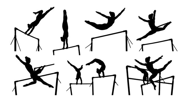 Gymnastics Silhouette Collection: Dynamic Poses on Bars, Acrobatics, Athleticism, Sports Vector Art, Performance Art, Fitness Graphics