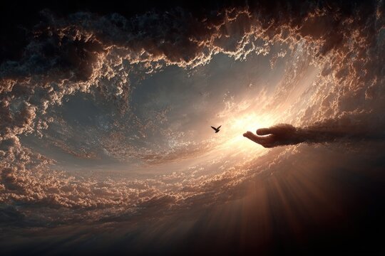 Silhouette of helping hand extended in hope and grace, symbolizing Goda??s salvation and global peace theme