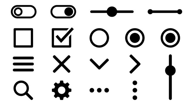 Modern UI Toggle Switch, Checkbox, Radio Button, Slider, Menu, Search, Settings, Cross, Arrow Icons Set, Vector Graphic Elements for Web and App Design