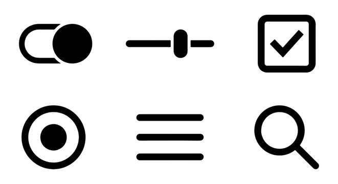 Minimalist Black UI Icons Set: Toggle Switch, Slider, Checkbox, Radio Button, Menu, Search Magnifying Glass for Web and App Design