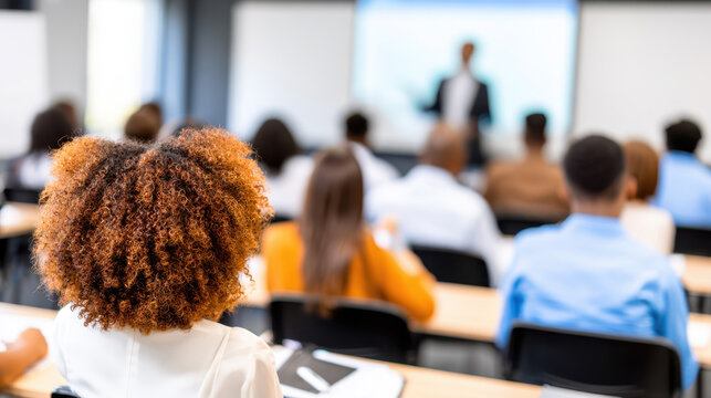 College classroom interior with diverse students listening to a lecturer from the rear for education presentation and learning background imagery