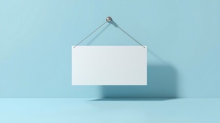 Naklejka premium Blank white sign hanging on a blue wall, perfect for text or design.