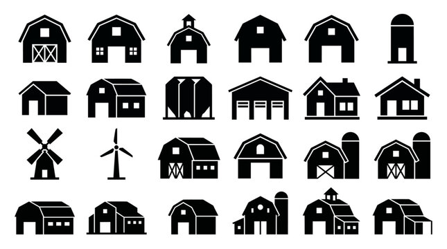 Set of black silhouette icons depicting houses, barns, windmills, and other rural buildings for architecture, design, and vector graphics