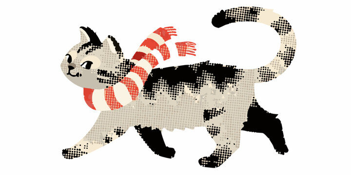cat wearing candy cane scarf halftone style