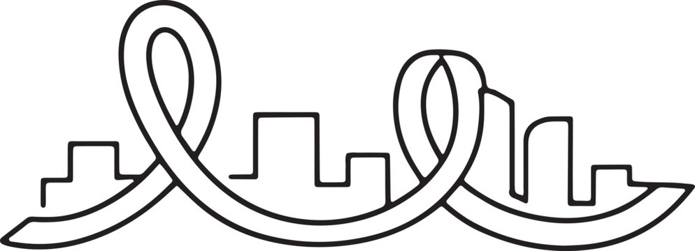 Roller coaster curving through abstract city skyline in outline style on white background