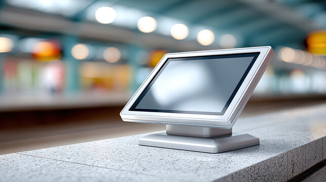 Contactless ticket kiosk touchscreen on station counter for commuter transport payment and ticketing background