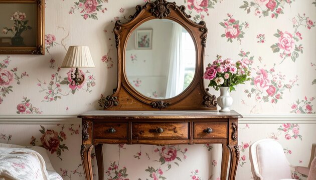 Ornate vintage wooden vanity with an oval mirror and decorative carvings, set against floral wallpaper