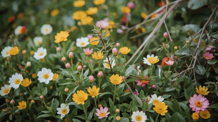 Fototapeta premium Yellow daisy field spring blooming with fresh greenery and soft pastel buds