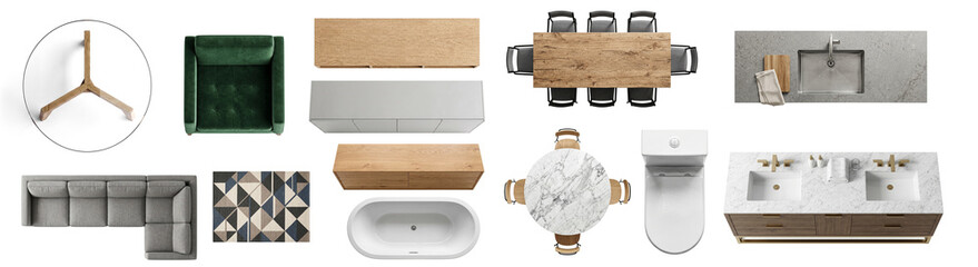 Top view set of modern furniture icons for architectural interior design projects including sofa armchair dining table bathroom fixtures cabinets chairs and office desk for professional planning © ATIQULISLAM